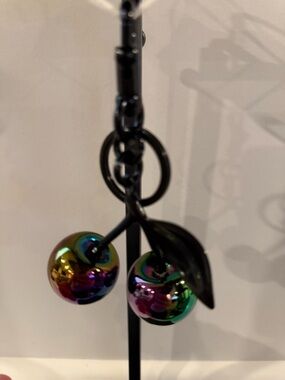 Iridescent Cherry Drop Earrings with Black Leaf Accent